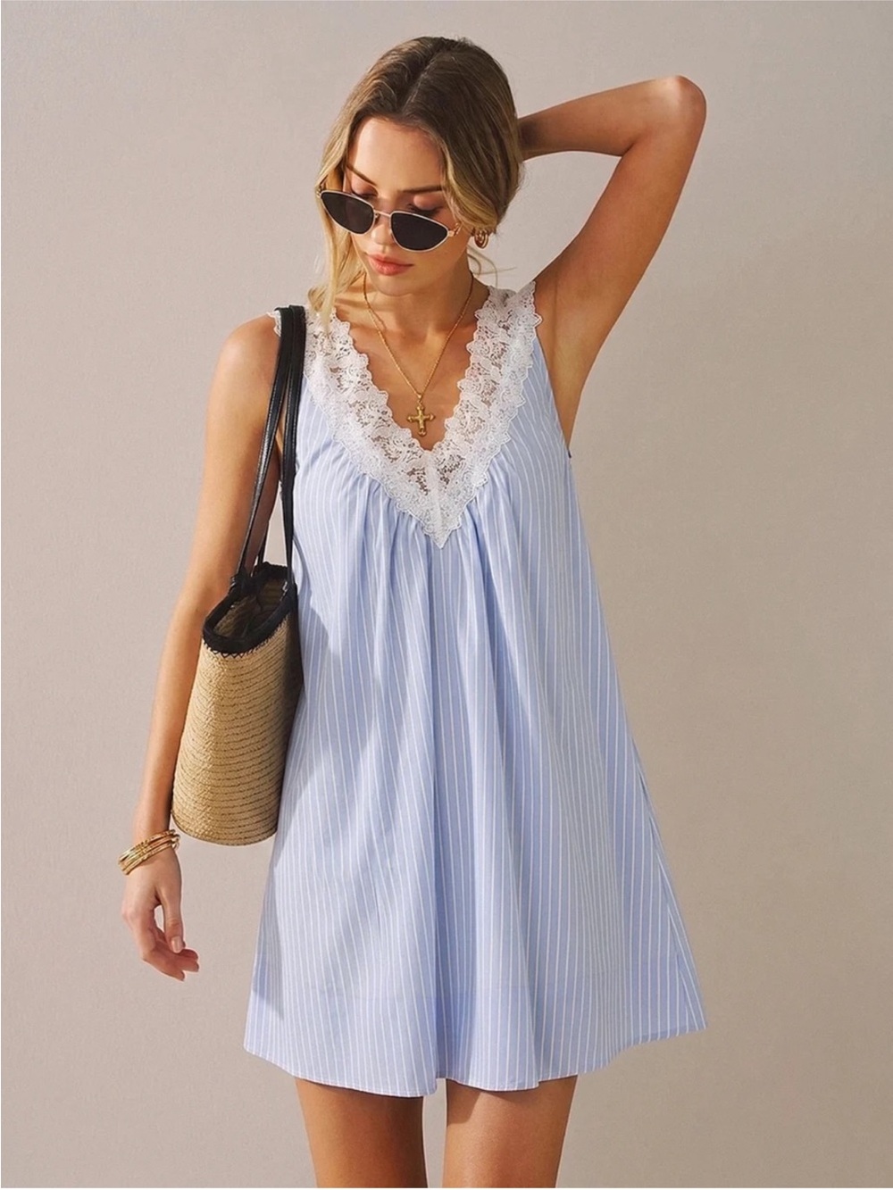 Commense Lace-Trim V-Neck Sleep Dress- Light Blue